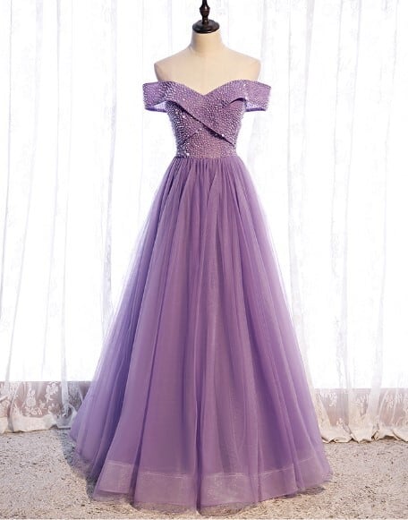 紫色 スパンコール 片肩ドレス