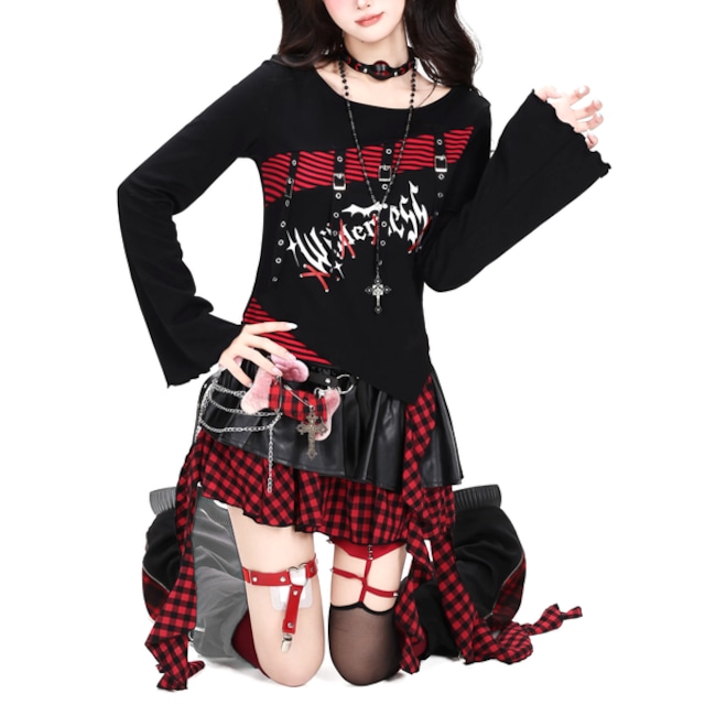 レッドストライプアシンメトリーフレアスリーブTシャツ(lli_7185)