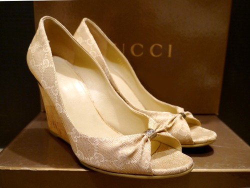 美品◆GUCCI グッチ GG柄 リボン ウェッジ パンプス◆ サンダル