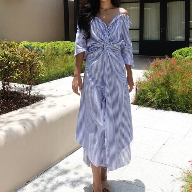 送料無料】 オフショルダー 七分袖 ワンピース 肩出し ストラップ