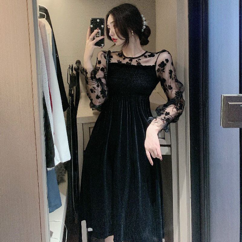 パーティードレス 結婚式 お呼ばれドレス 結婚式のお呼ばれ 代 30代 40代 フォーマルドレス 袖あり 結婚式 ワンピース 黒 ロングワンピース お呼ばれ 二次会 結婚式フォーマル レース 体型カバー フォーマルワンピース透け感 ベルベット Viento