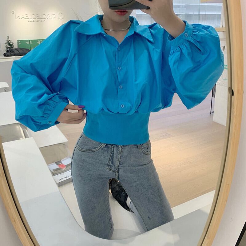 ブルーシャツ オータムウェストトップス カラー 大人ガーリー スウィート キュート カジュアル 秋物 ガールズファッション681489559