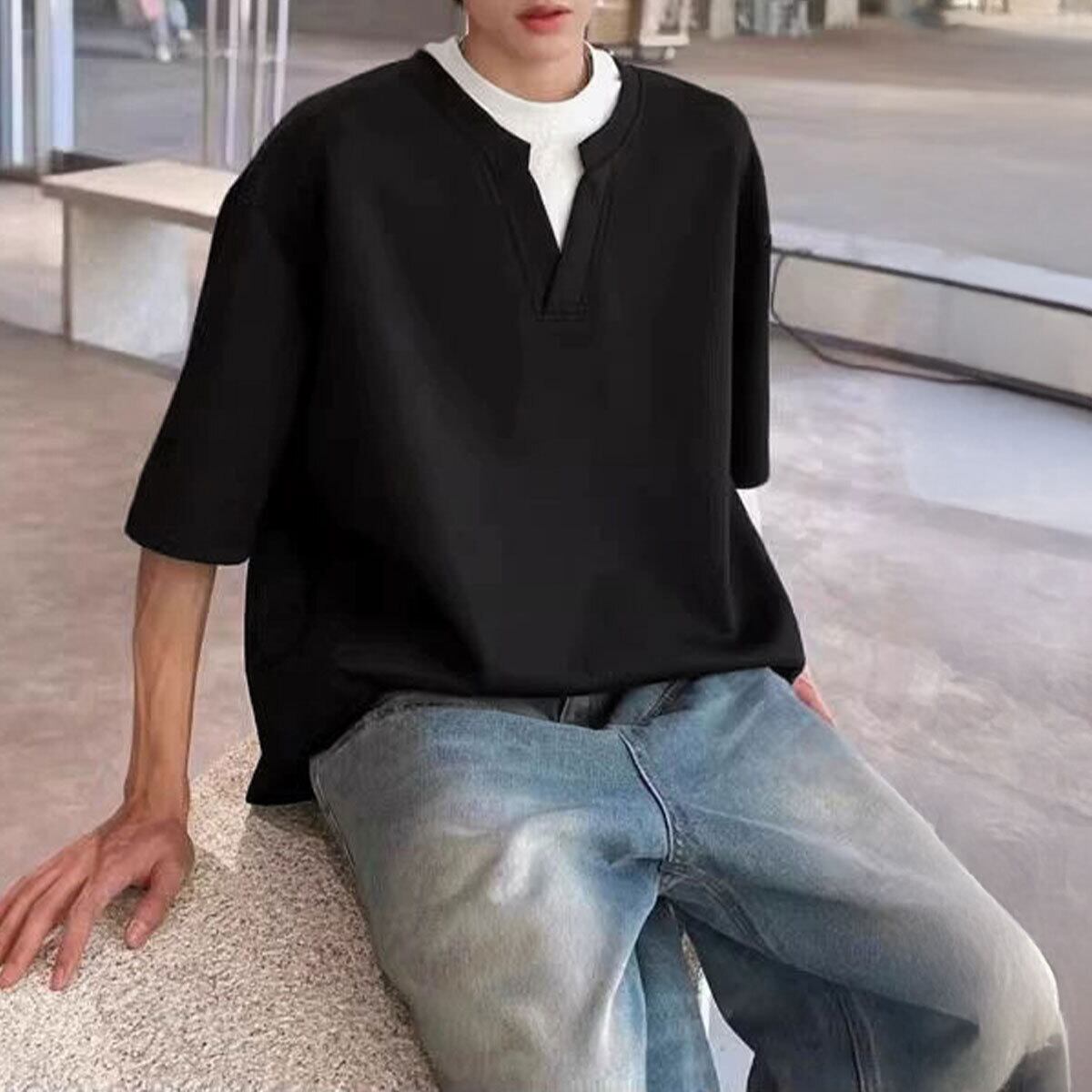 レイヤード風 半袖 Tシャツ メンズ レディース 春夏秋 韓国 トップス 大人 カジュアル シンプル 重ね着 ゆったり オーバーサイズ 無地 フェイクレイヤード 大人可愛い 大人女子