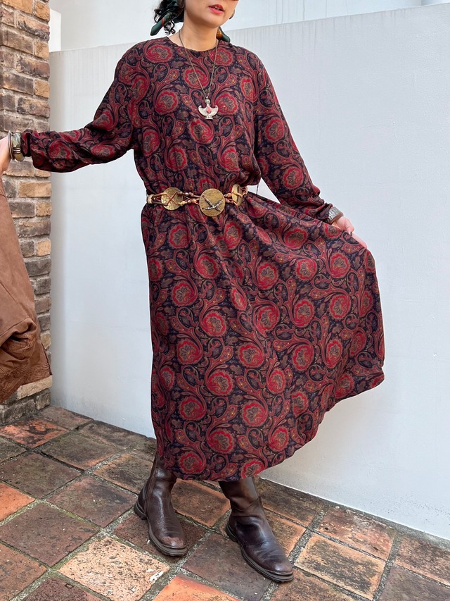 80s paisley rayon dress ( ヴィンテージ ペイズリー柄 レーヨン ワンピース )