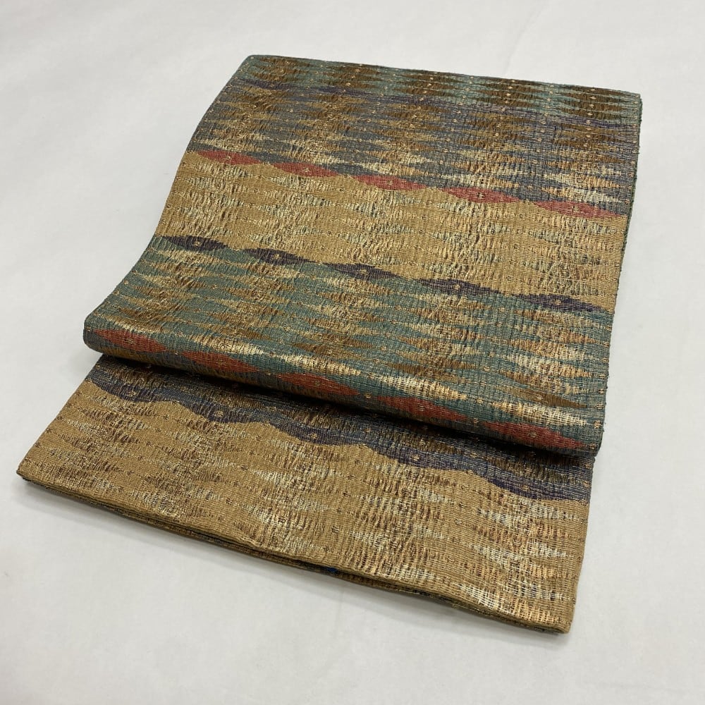 中古 洒落袋帯 正絹 連続模様 六通柄 イエロー Bランク 441cm 5419