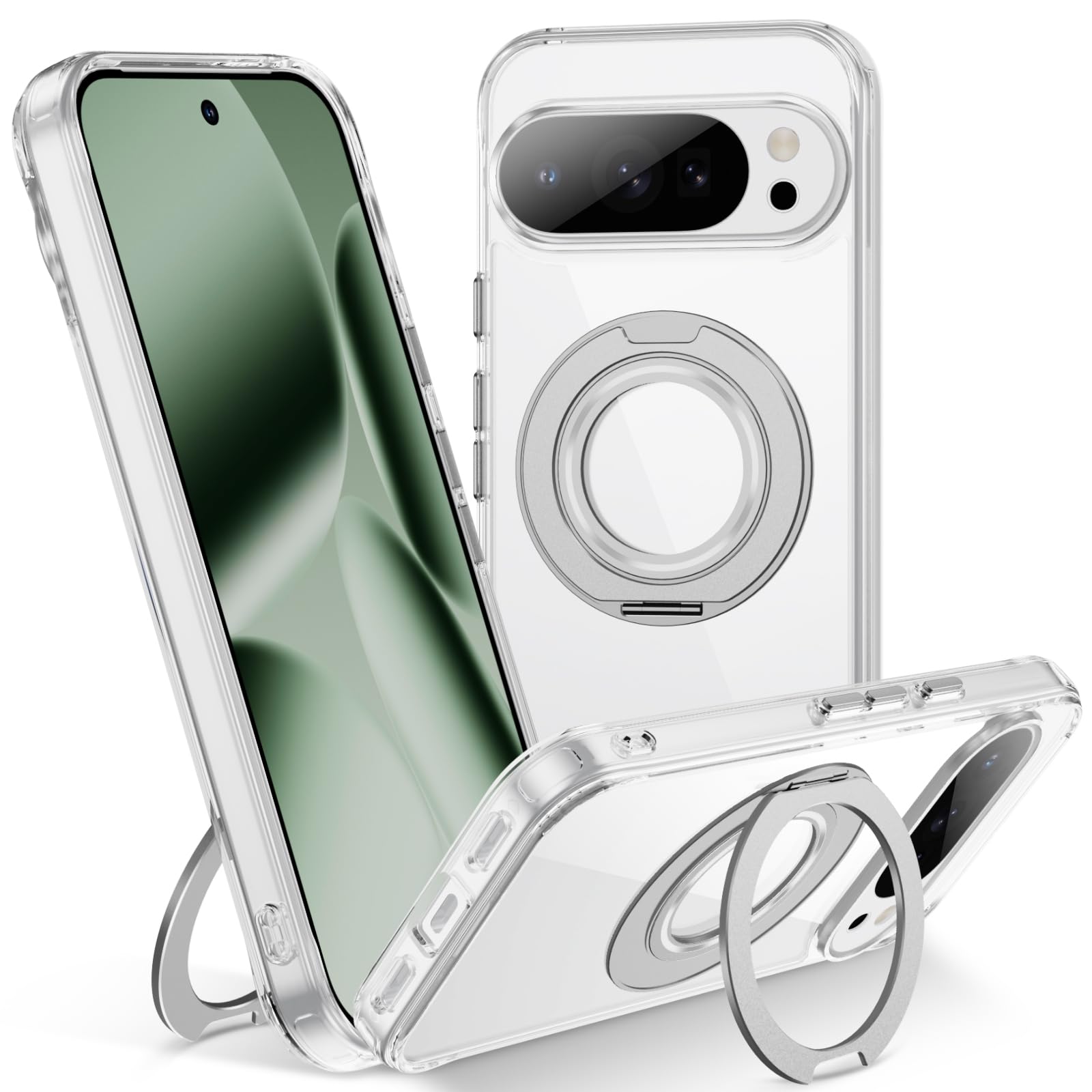 Jajaful 適用 Google Pixel 10/10 Pro ケース Magsafe対応 360°回転スタンド ワイヤレス充電対応 シルバー