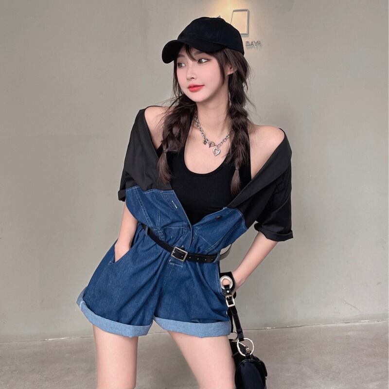 ジャンプスーツ オールインワン ハイウェストウェスト薄手ショーツ サマーパンツ 夏物 ブルマー ステッチ ブラックストロベリース36762800635