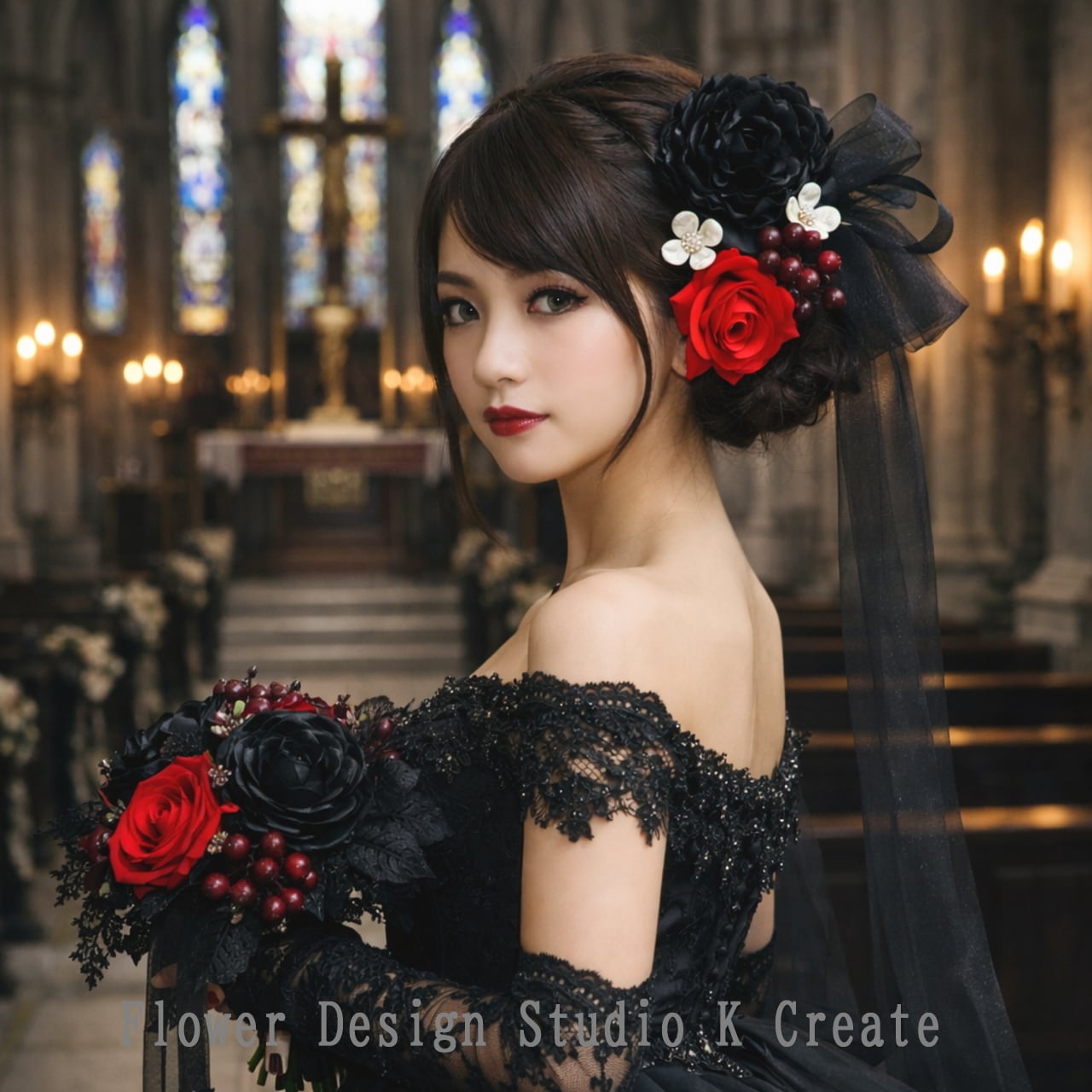 黒いピオニーと赤い薔薇のヘッドドレス ウェディング ウエディング