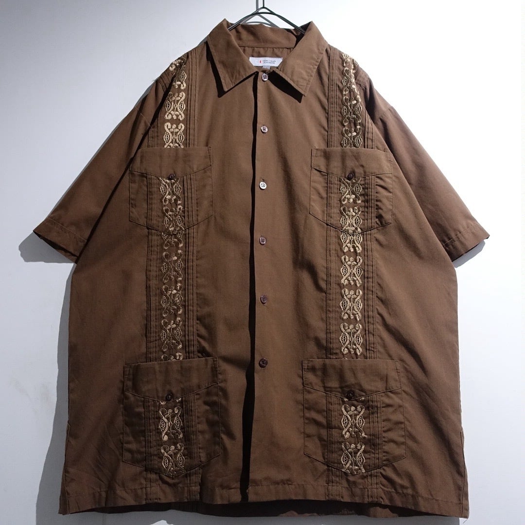 90s Brown Ornament Embroidery Design Cuba Shirt