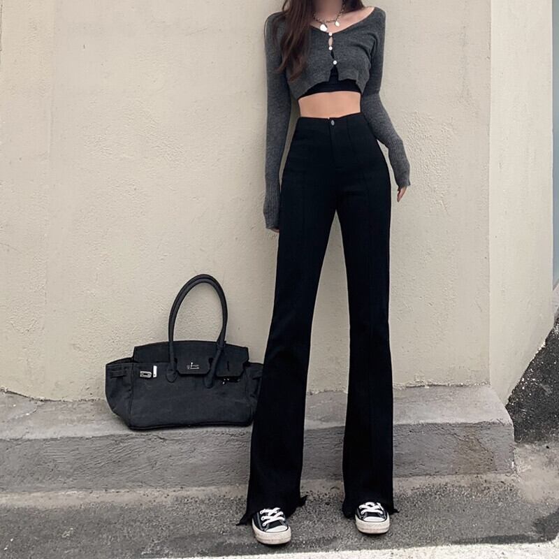 ブラックカジュアルパンツ オータムハイウェストウェストスリム レッド ストリート 秋物 ガールズファッション23055564811