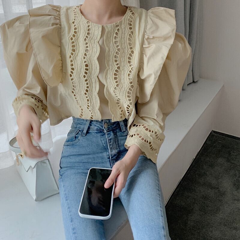 スリーブブラウス オータムスタイルショートシフォンシャツ 秋物 ガールズファッション11768233695