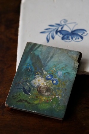小さな板絵 青い世界-antique oil painting wood plate