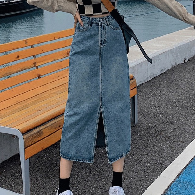 Center slit midi length denim skirt【L22SS0164】