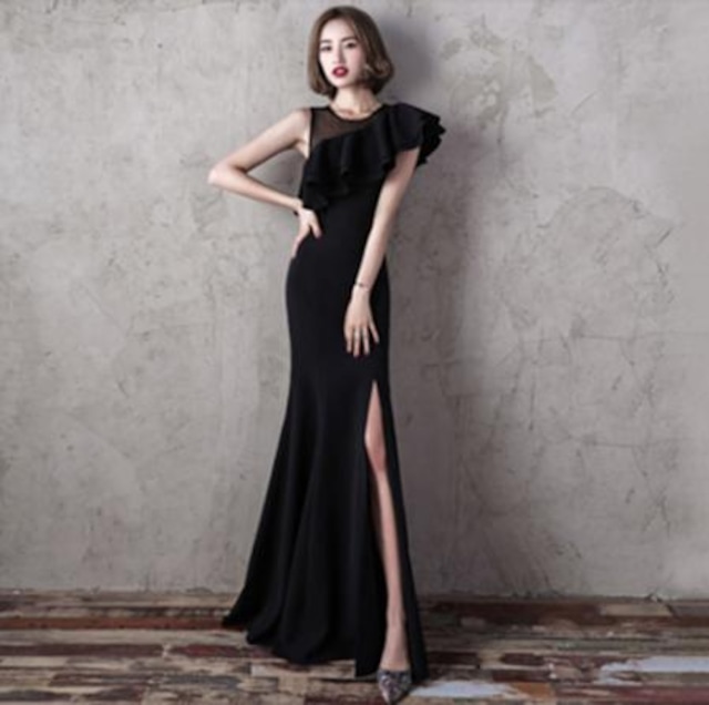 ♡即納フリーサイズ♡ブラック　ロングドレス　スリット　パーティードレス　iPd0060