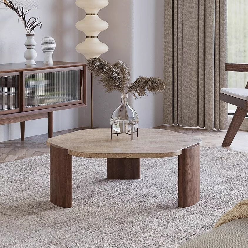 模造トラバーチン ラウンド 六角形 ローテーブル リビングテーブル