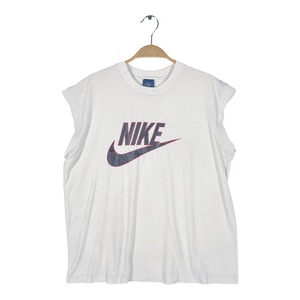 80s ナイキ USA製 紺タグ ヴィンテージ Tシャツ ノースリーブ スウォッシュ ロゴプリント ホワイト NIKE サイズL 古着 BE0038