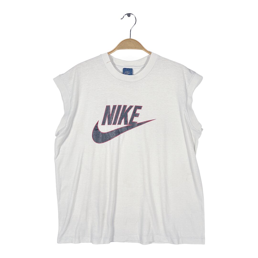 80s ナイキ USA製 紺タグ ヴィンテージ Tシャツ ノースリーブ スウォッシュ ロゴプリント ホワイト NIKE サイズL 古着 BE0038