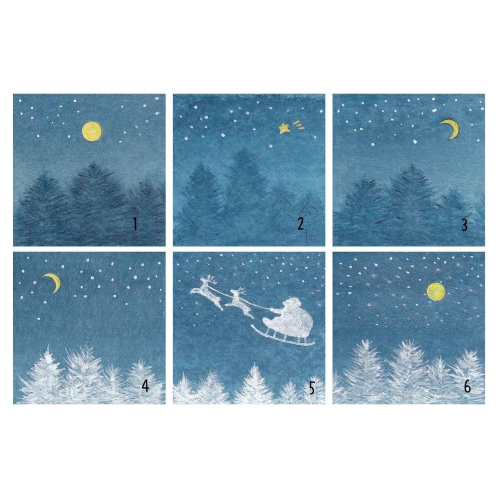 日本画ポスター】夜の森・満月・三日月・流れ星・サンタクロースの日本