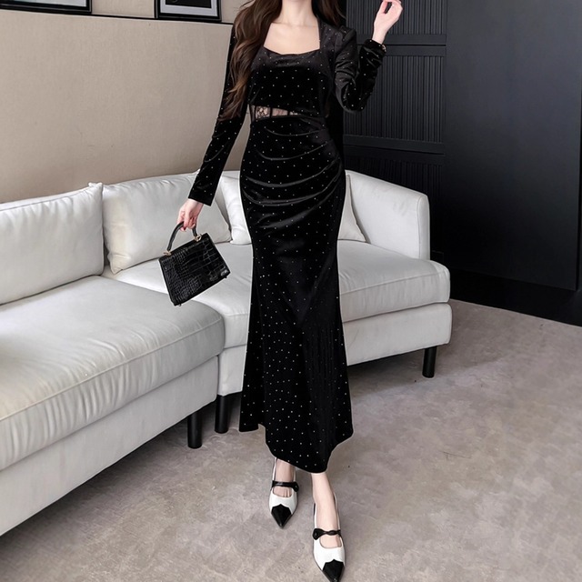 【パーティードレス】 パーティードレス かっこいい 結婚式 マーメイド お呼ばれドレス 結婚式のお呼ばれ ワンピース シンプル ロング ワンピース 20代 30代 40代 成人式 同窓会 卒業式 入学式 卒園式 入園式 謝恩会 七五三 お宮参り 袖あり 体型カバー フォーマルドレス 結婚式フォーマル お呼ばれ 二次会  フォーマルワンピース おしゃれ ドット 無地 ブラック 黒 S M L XL