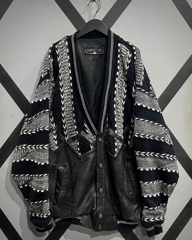 【X VINTAGE】 Leather Switching Vintage 3D Knit Cardigan