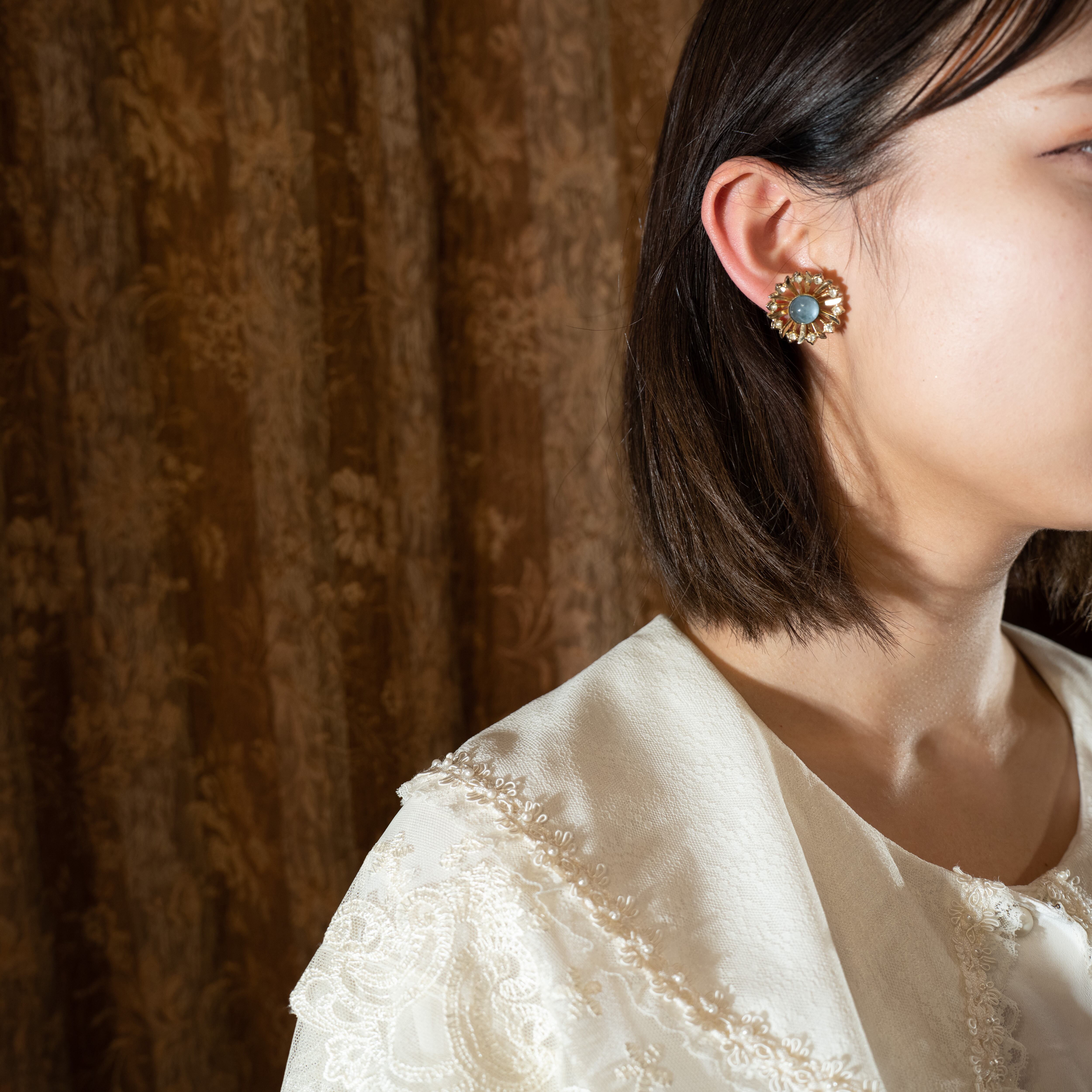 USA VINTAGE CLEAR STONE FLOWER DESIGN EAR CLIPS/アメリカ古着クリア