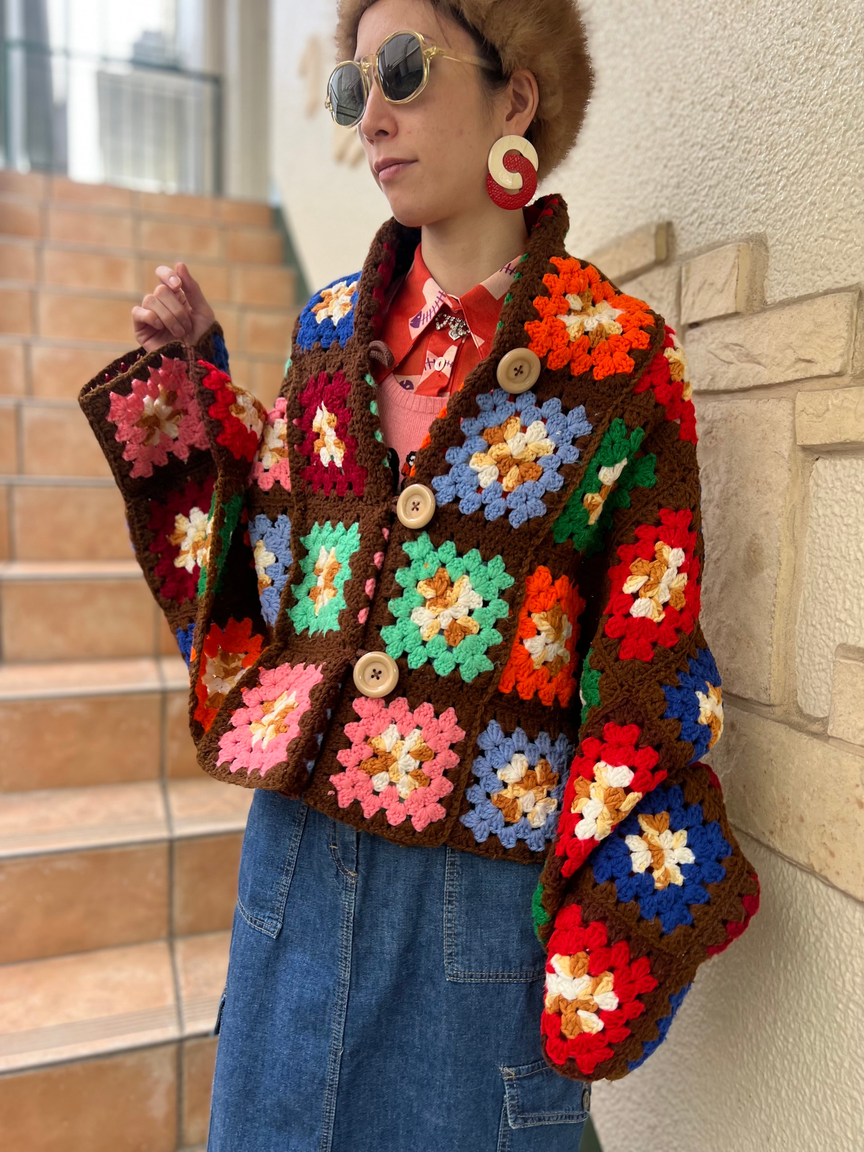 Vintage granny square handmade knit poncho cardigan ( ヴィンテージ