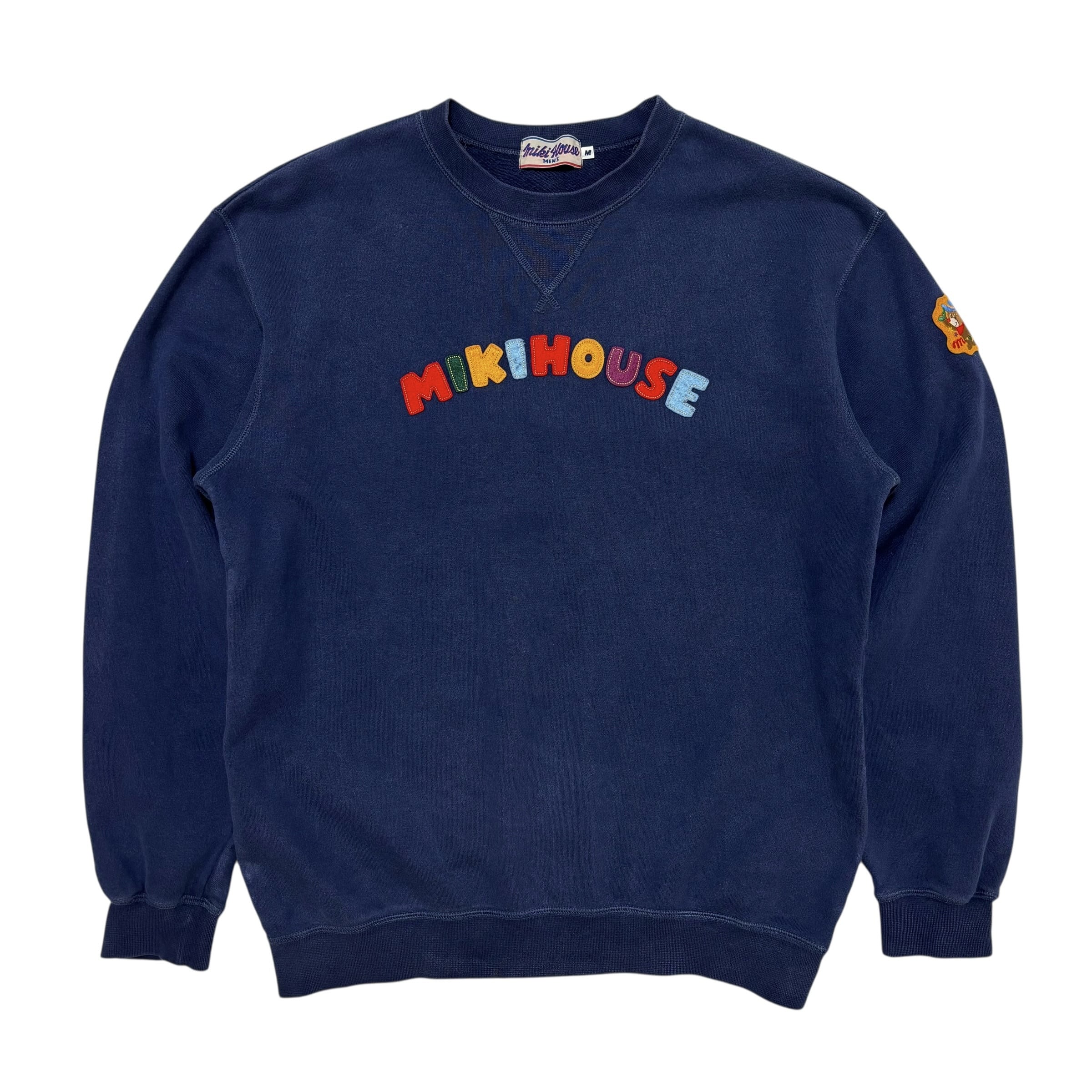 古着 ミキハウス MIKIHOUSE スウェット トレーナー アップリケロゴ クリーニング済み 90s 前Vガゼット メンズM 紺色