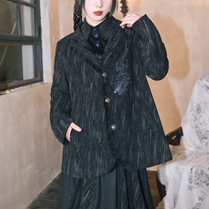 浮光幻想刺繍フリルコーデュロイテクスチャブラックジャケット（ruf_02733）