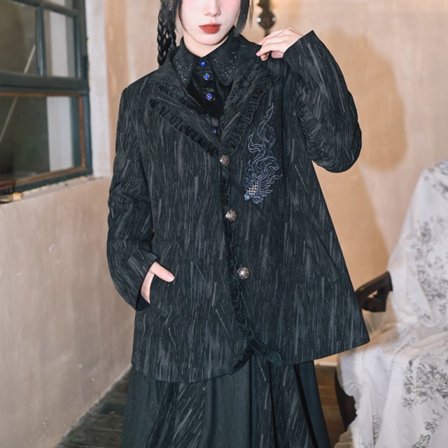 浮光幻想刺繍フリルコーデュロイテクスチャブラックジャケット（ruf_02733）