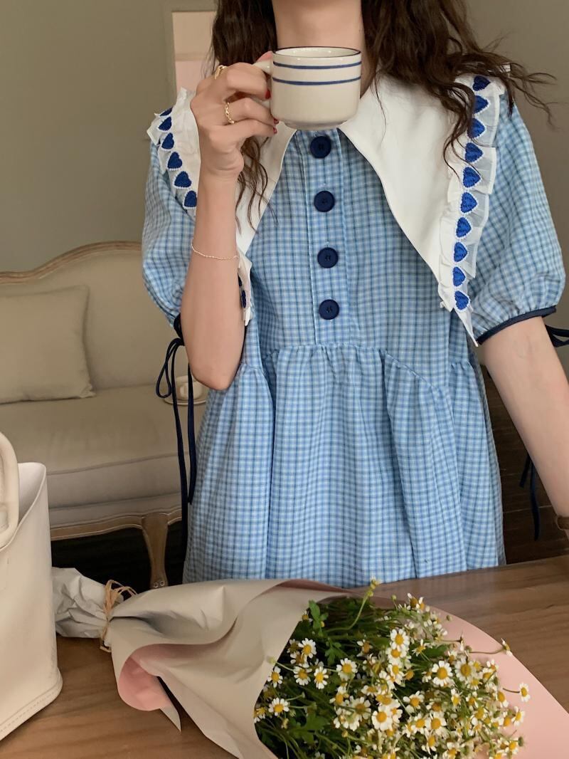 ネイビーカラー格子柄ドレス サマースタンダードルーズ半袖スリーブAライン ショート レトロ ハーフスリーブ 夏物 ビッグFスモールZ韓国85148565899