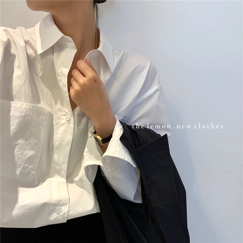 ベーシックポケットシャツ ルーズスプリング長袖スリーブトップス レディース ロング 春物 ビッグFスモールZ韓国91870028268