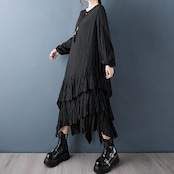 プリーツ ティアード ブラックワンピース 00208