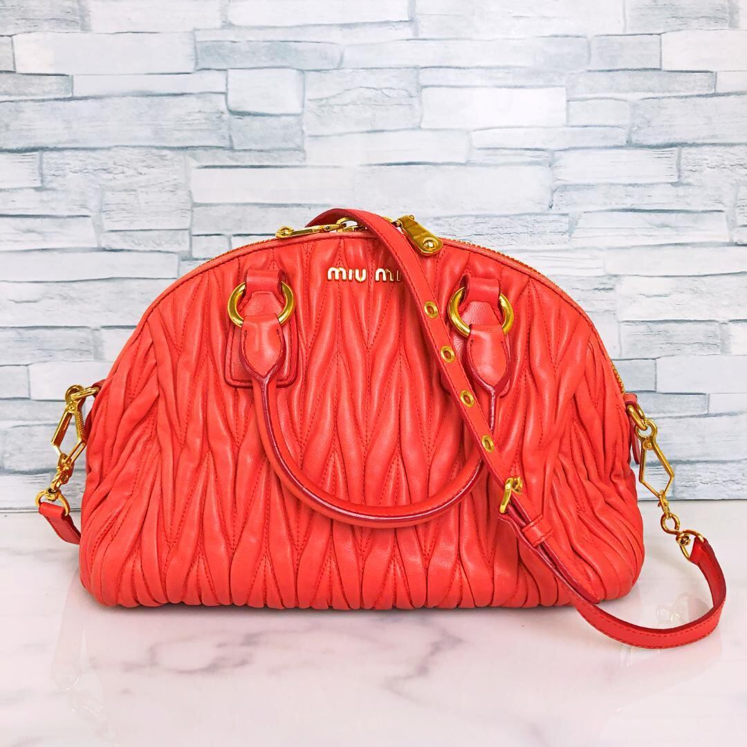 MIUMIU ミュウミュウ ラムレザー ギャザー オレンジ ハンドバッグ