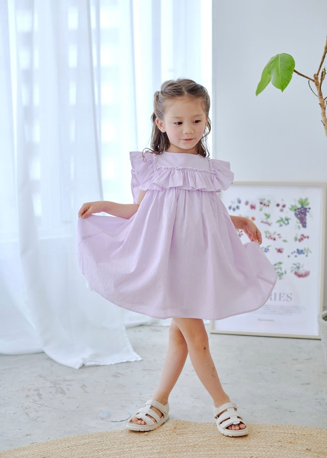 スクエアビッグフリルワンピース〈Purple stripe〉