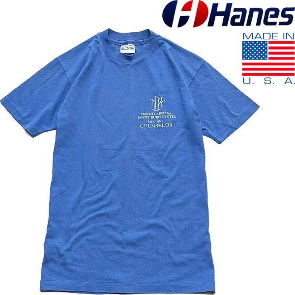 90s USA製 Hanes ヘイズ 企業系 ビンテージ Tシャツ 古着 1点物◇USA製ヘインズ90sビンテージ青プリントTシャツ古着メンズML