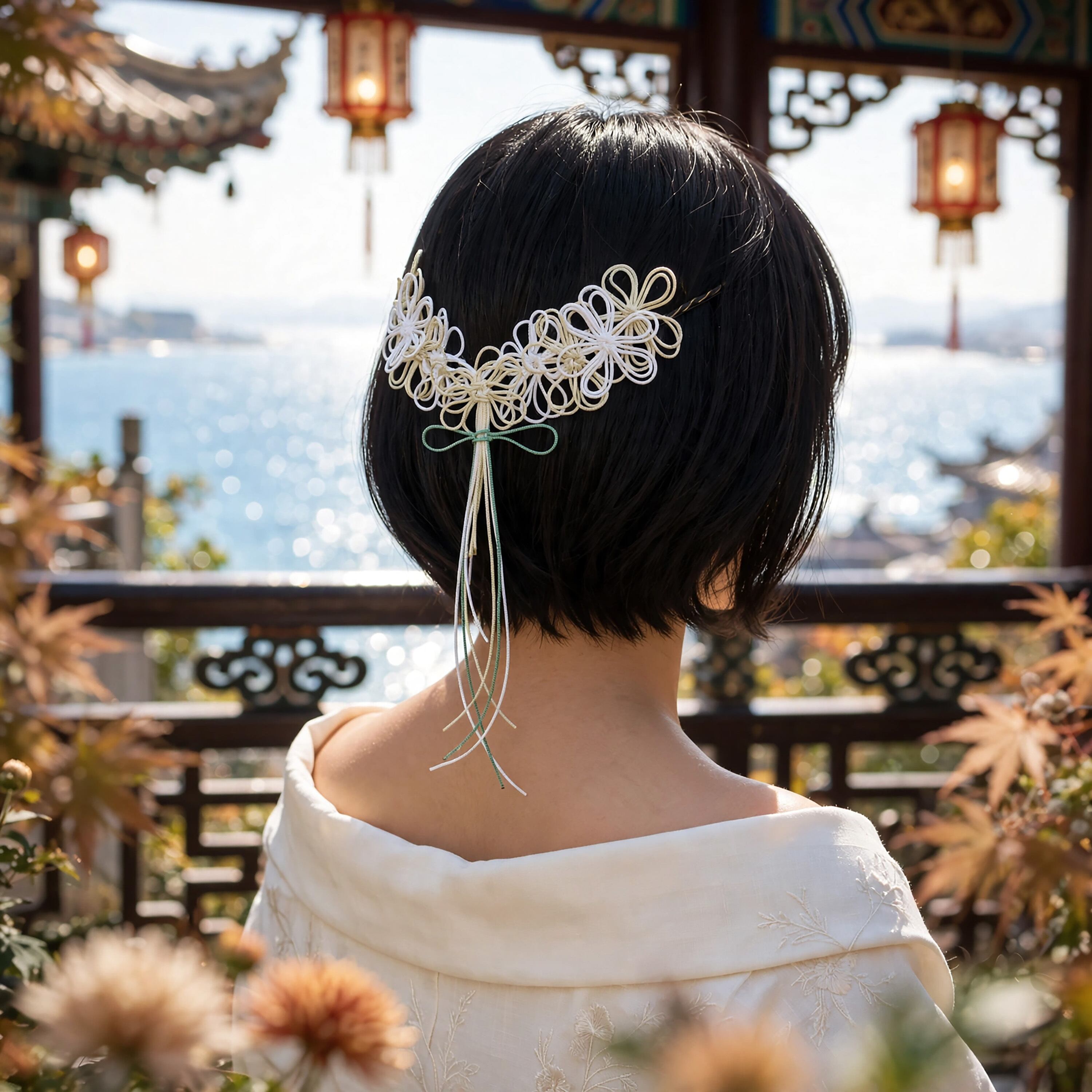 飾り結びヘアピン「麗ラニ映」(白×アイボリー×淡緑)【軽量バックカチューシャ】