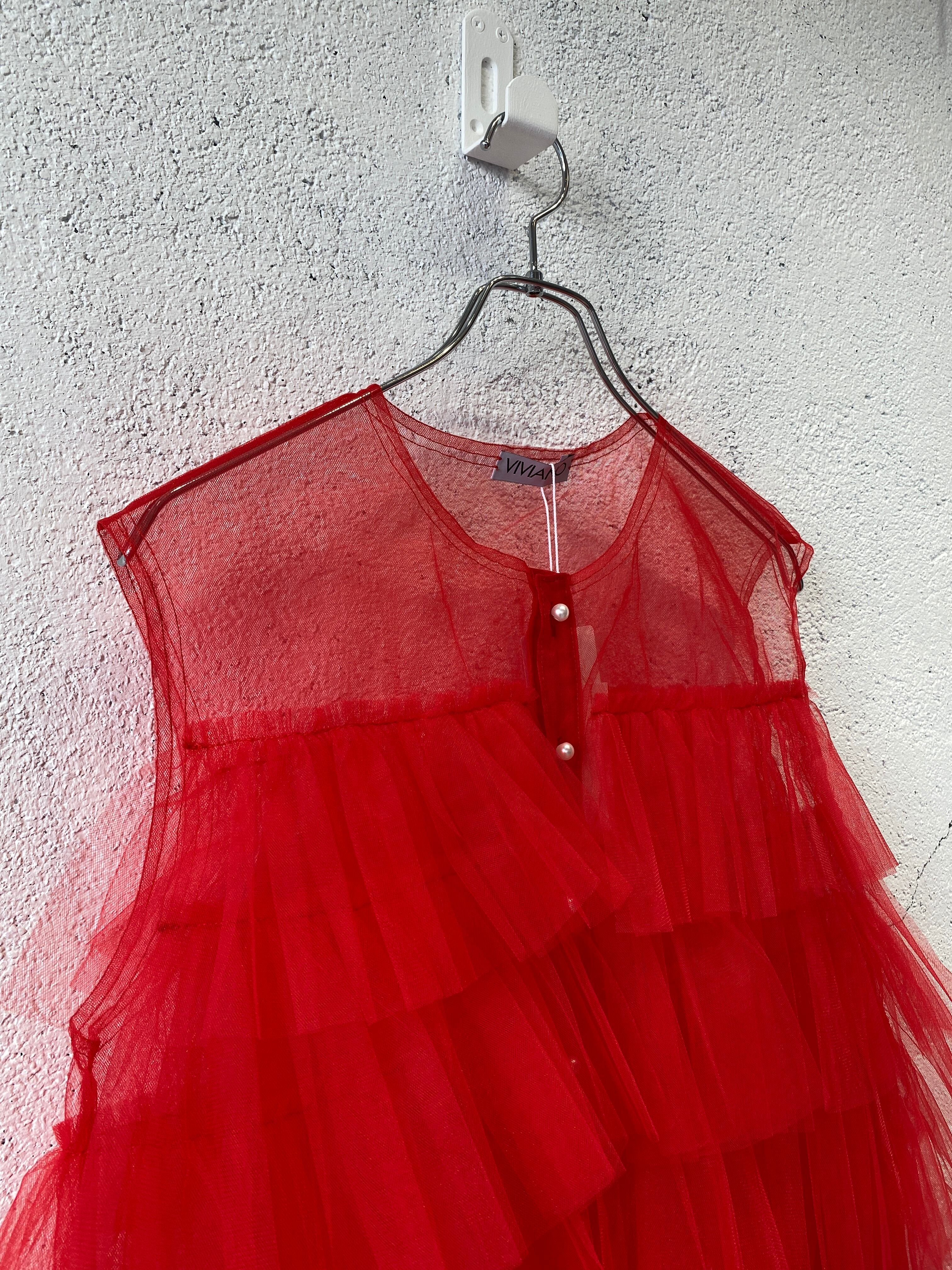 VIVIANO / Sleeveless Hard Tulle Cardigan / Red | ふぁいん