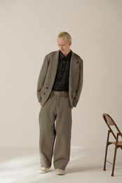 INTÉRIM / STRUCTURED DIAGONAL MELANGE WOOL DEADSTOCK BELTED MIL BAGGY TROUSER