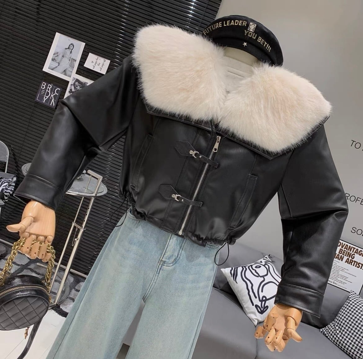 全2色フェイクファーショート丈レザージャケット | sharmant