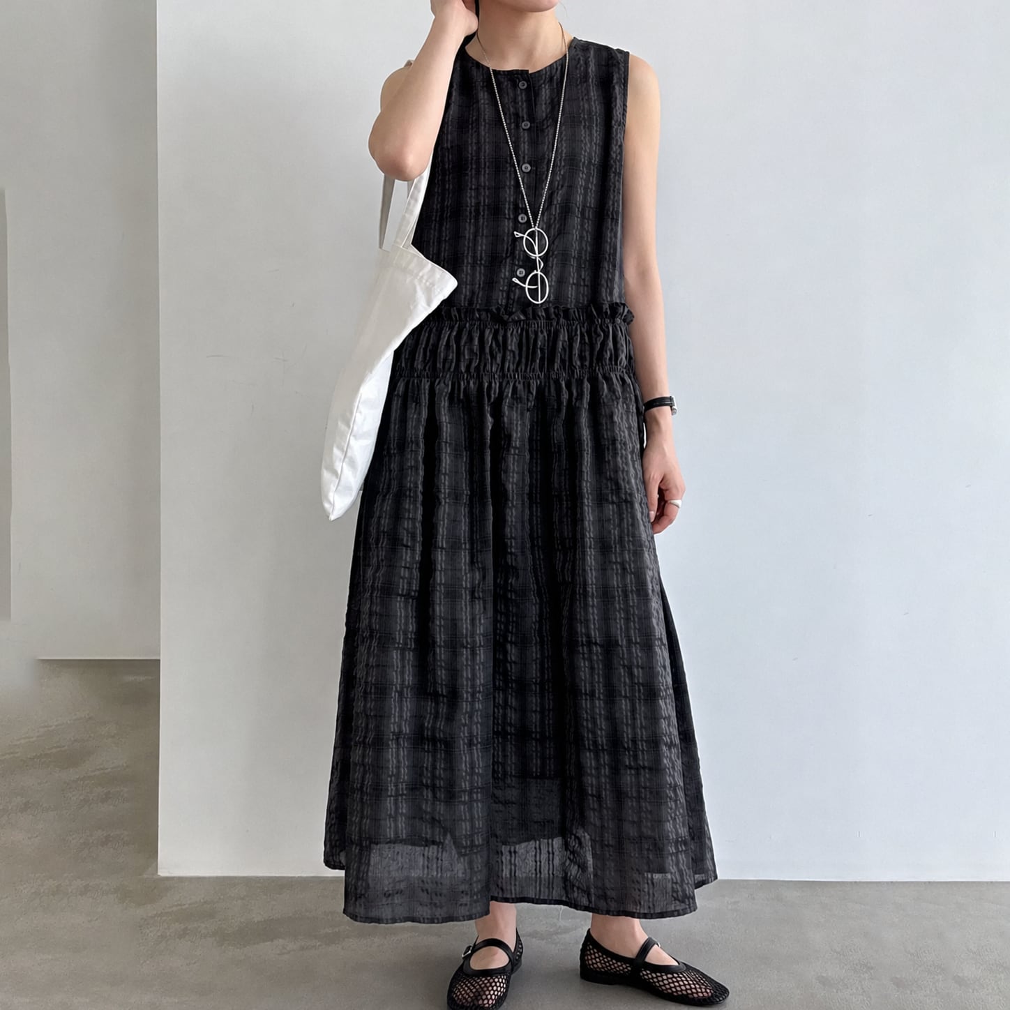 waist gather check sleeveless one-piece 14471