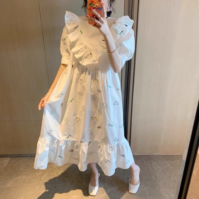 白 フリル ワンピース ゆったり Loveysmileshop