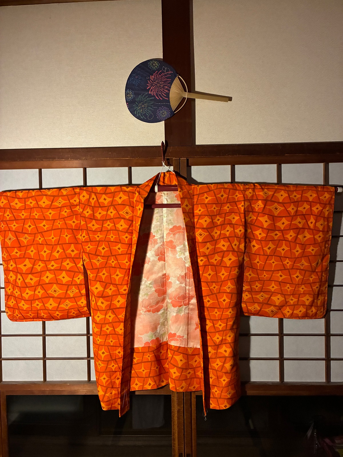 COLOR HAORI WITH JAPANESE ORANGE PATTERN: (GRADE A) | VINTAGE 