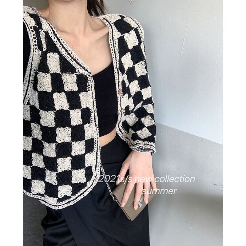 格子柄ニットオータムルーズVネックノースリーブ 秋物 ガールズファッション61751755257