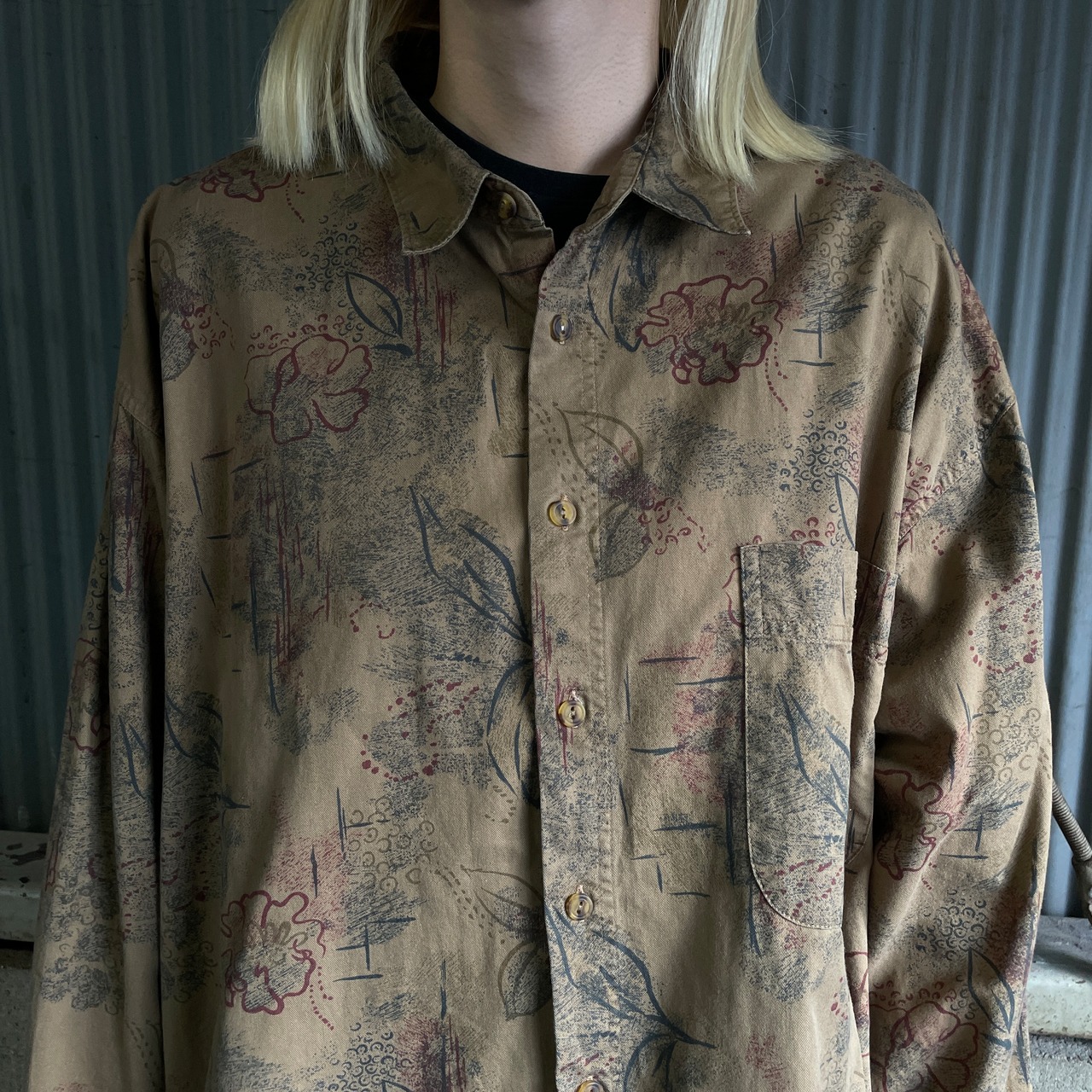 90年代 DOCKERS ドッカーズ 総柄 花柄 アート 長袖コットンシャツ 
