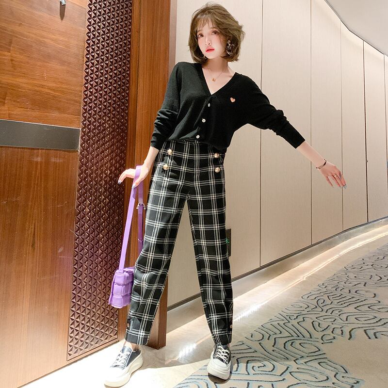 カラーVネックニットカーディガンスタンダード格子柄ハイウェストカジュアルパンツ オータム レトロ 秋物 MIUCO23798912585