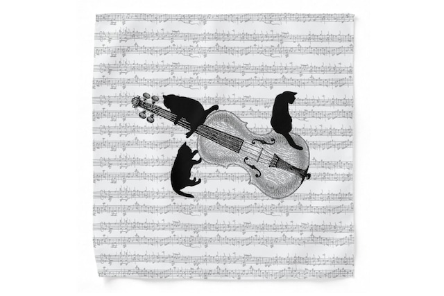 バイオリンと黒猫のタオルハンカチ