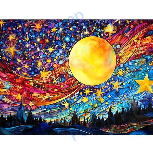 ダイヤモンド・カラービーズ刺繍です！ 中級 フル ダイヤモンドアート キット ビーズ刺繍 カラフル 月夜 満月