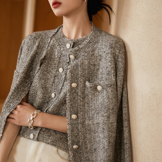 フリンジ パッチポケット ニットジャケット　H10533