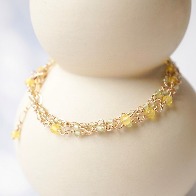 【3way】ミモザ 天然石 ペリドット 14kgf ネックレス ブレスレット アンクレット 母の日 華奢 春 50cm