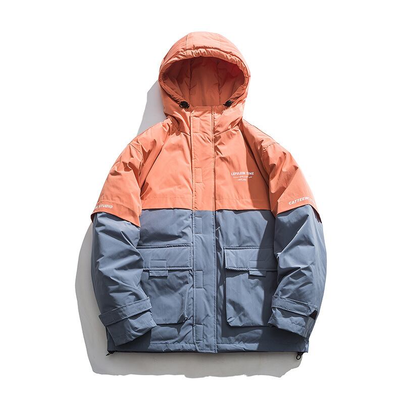 【新作】【送料無料】 Road Vintage 20 Winter Leisure Youth Winter3次元パッチポケットジッパーアップとダウンカラーコンビネーションルースフード付きコットンジャケット-アリババ ウィンター 冬物 ビンテージ hip6-161174597107511